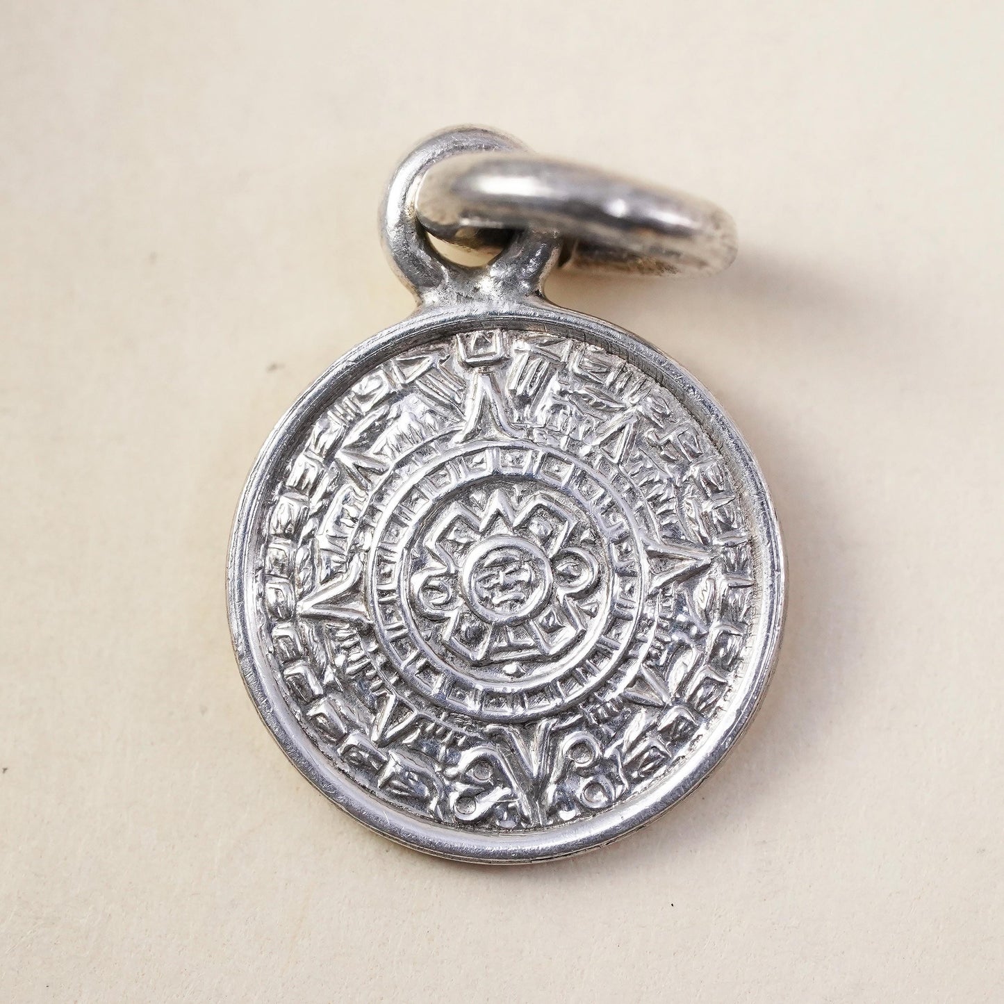 Vintage sterling silver handmade pendant, Mexican 925 Mayan calendar charm