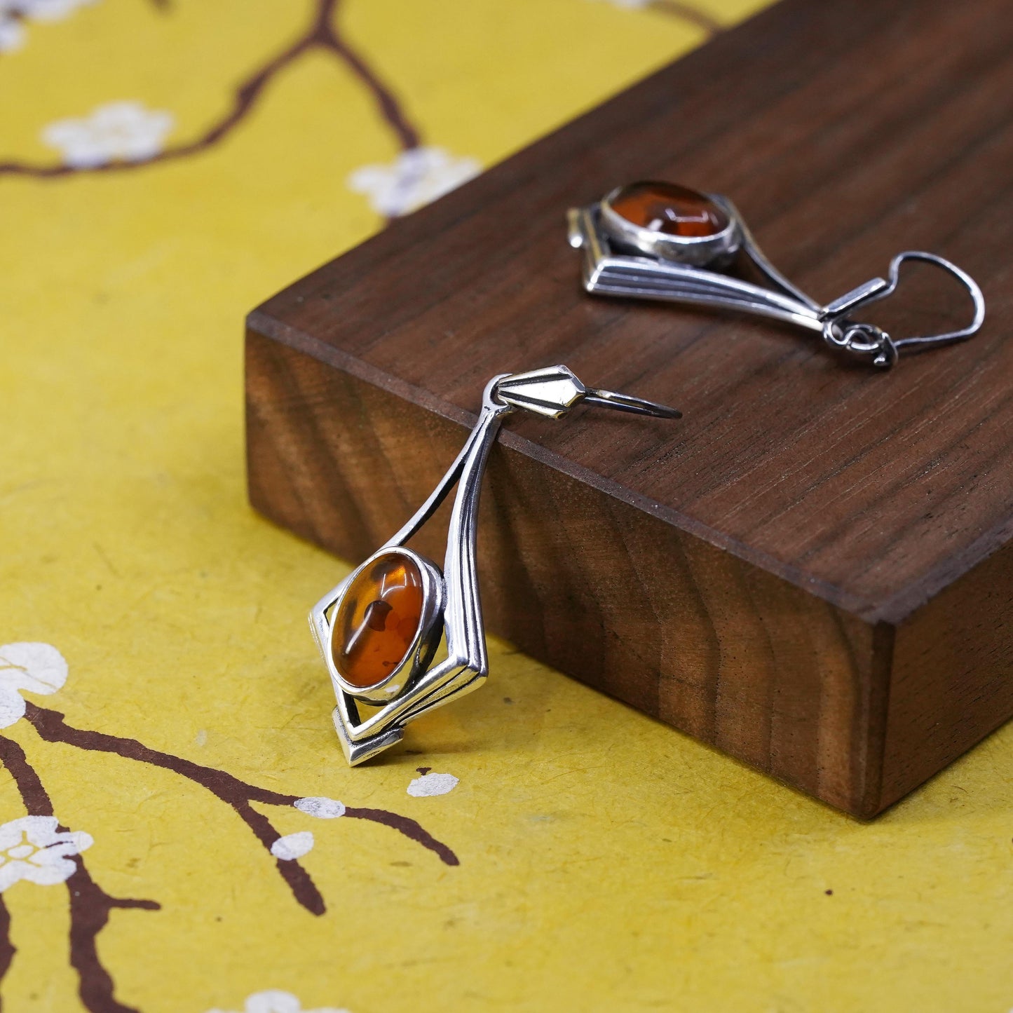 Vintage Sterling 925 silver handmade earrings with oval amber dangle