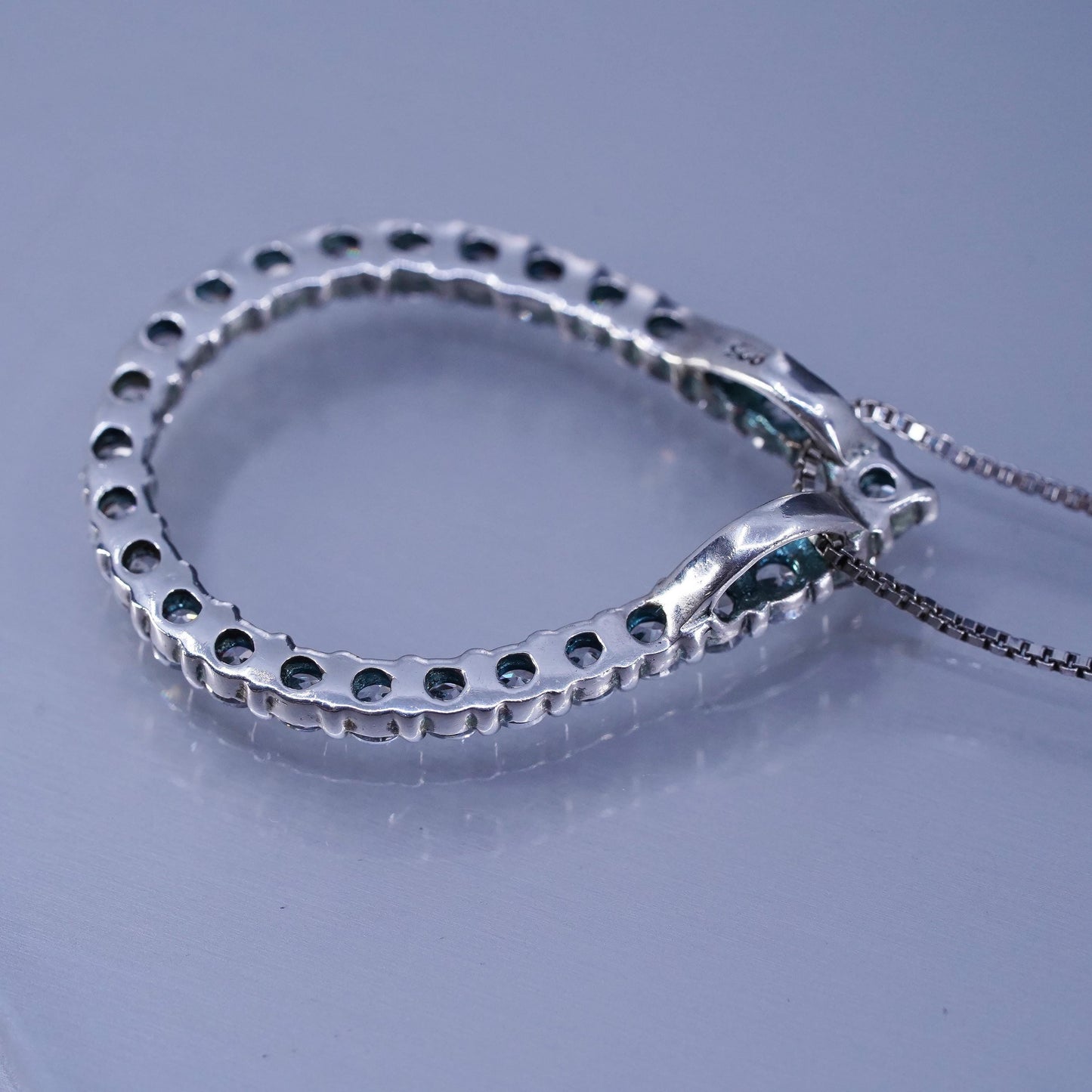 18”, vintage Sterling 925 silver handmade box necklace with teardrop cz pendant