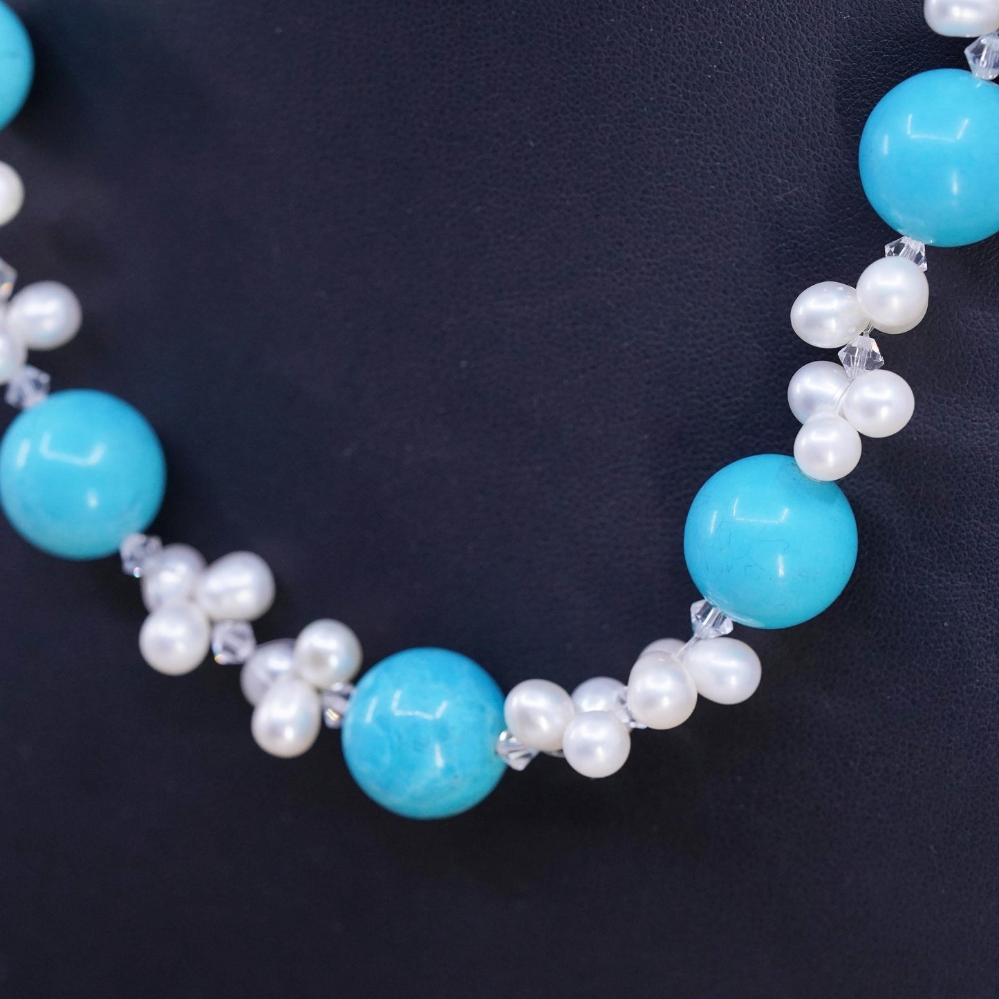 18+1.5", Sterling 925 silver necklace w/ freshwater pearl 15mm turquoise beads