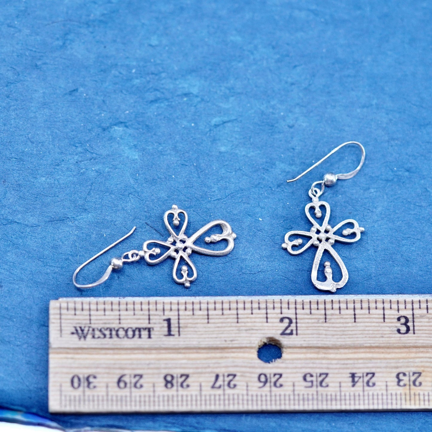 Vintage Sterling silver handmade earrings, 925 Bali filigree cross drops