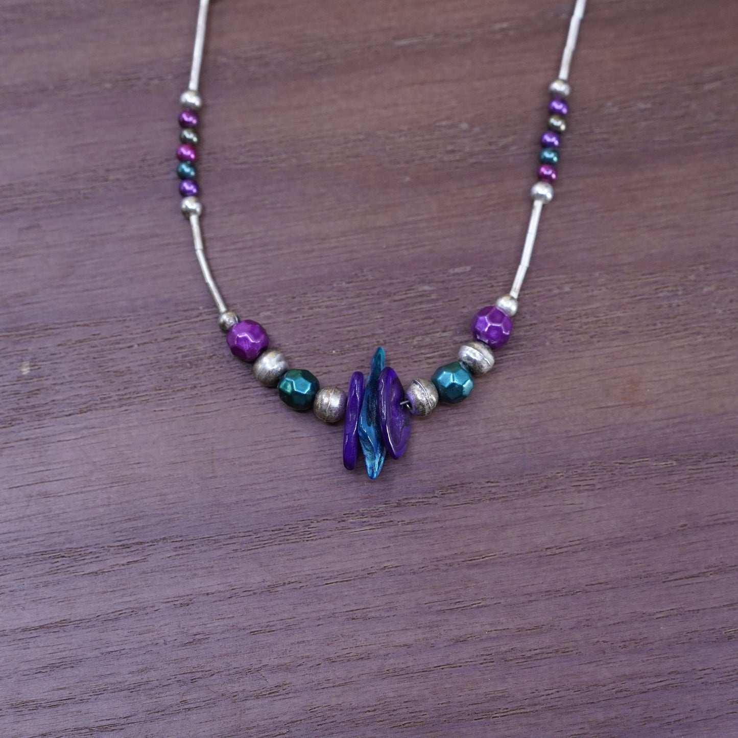 26” Vintage Sterling 925 handmade liquid silver necklace with glass beads