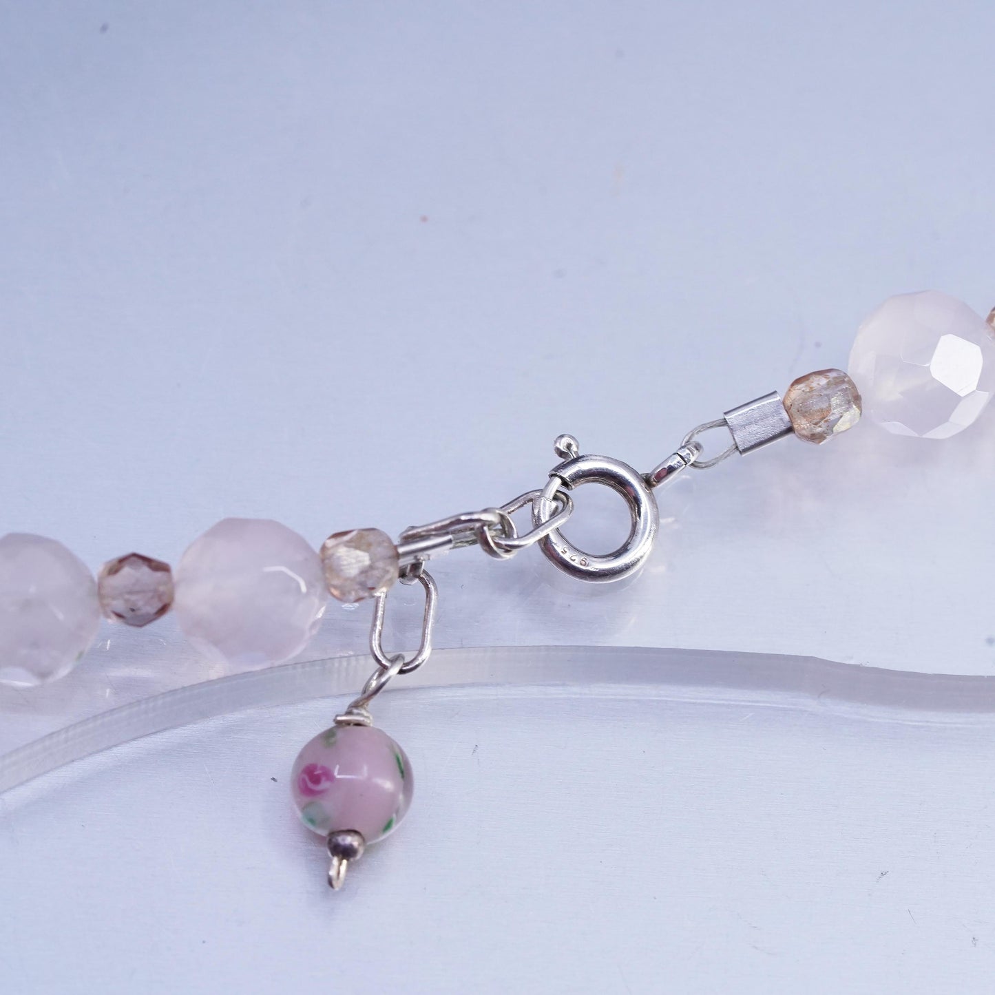 19", 925 Sterling Silver Pink Rose Quartz Beads cherry quartz teardrop pendant