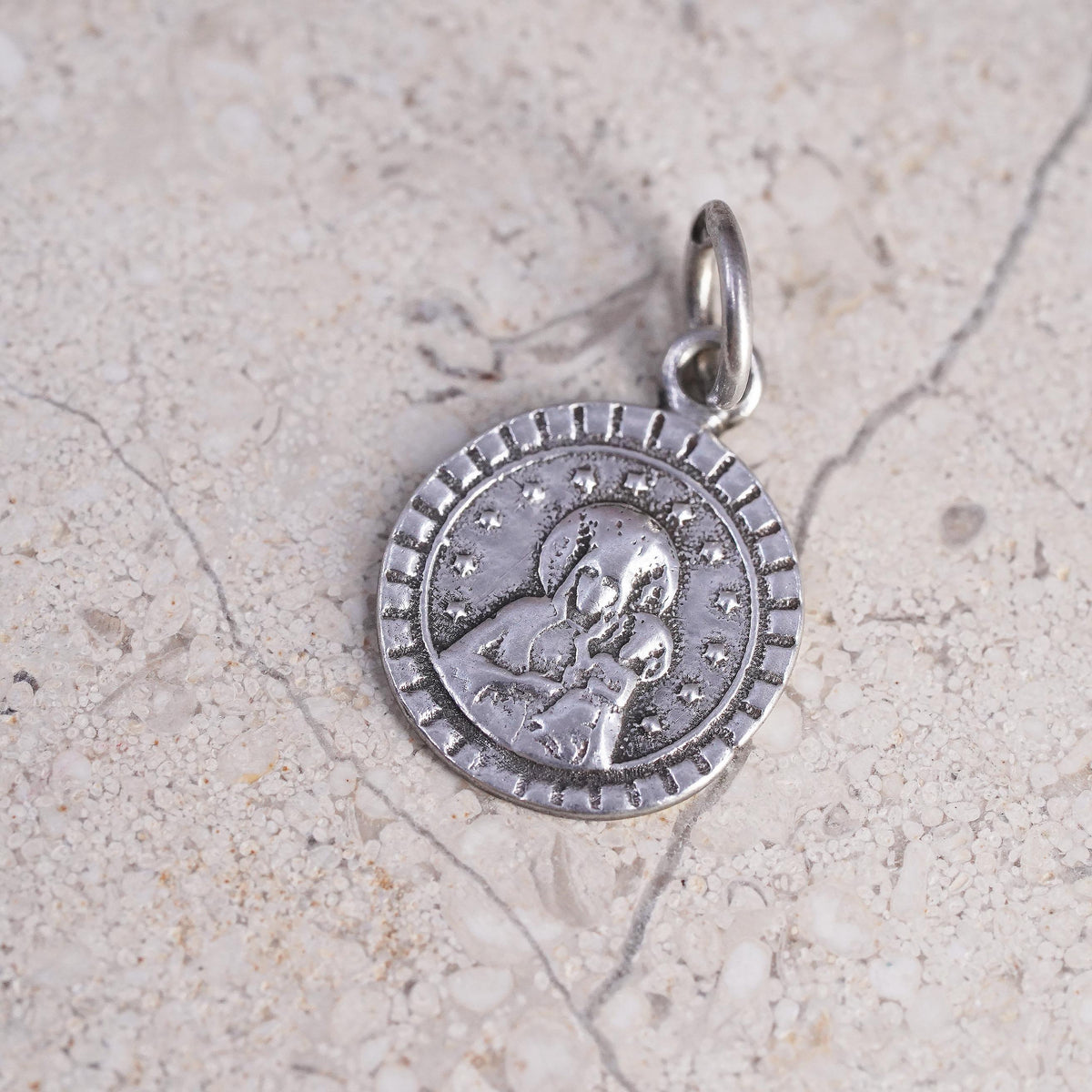Vintage sterling 925 silver Virgin Mary medal charm pendant