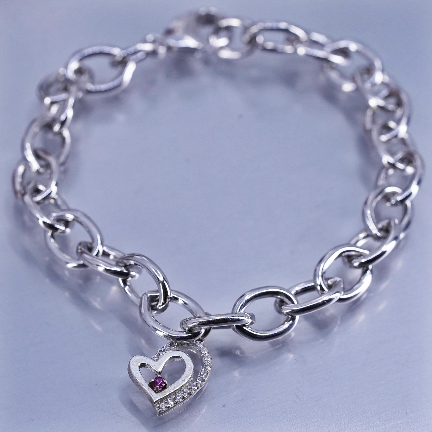 7.25”, Sterling silver bracelet, 925 bold oval chain with crystal heart charm