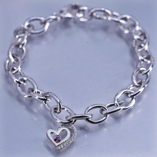 7.25”, Sterling silver bracelet, 925 bold oval chain with crystal heart charm