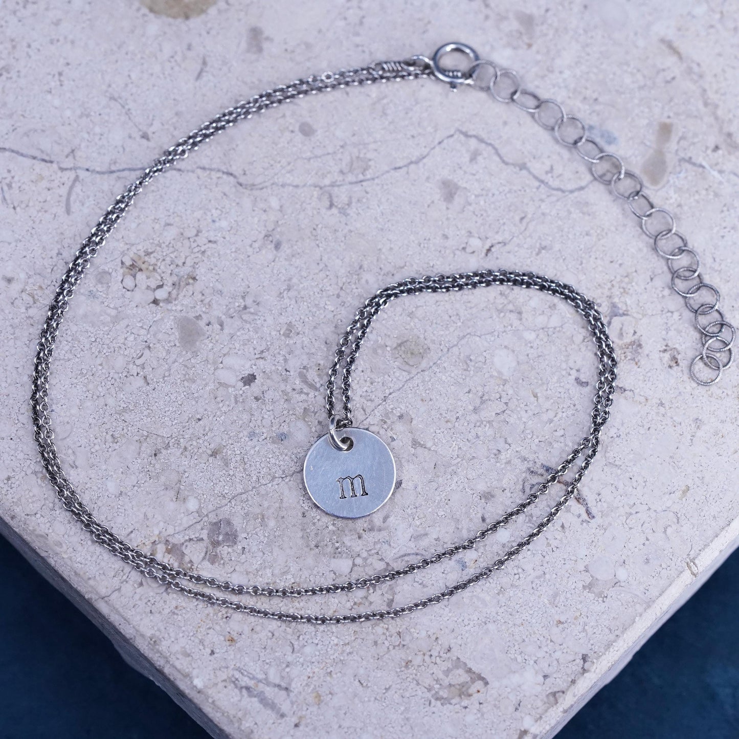 16+2”, vintage Sterling silver necklace, 925 circle chain with tag letter M
