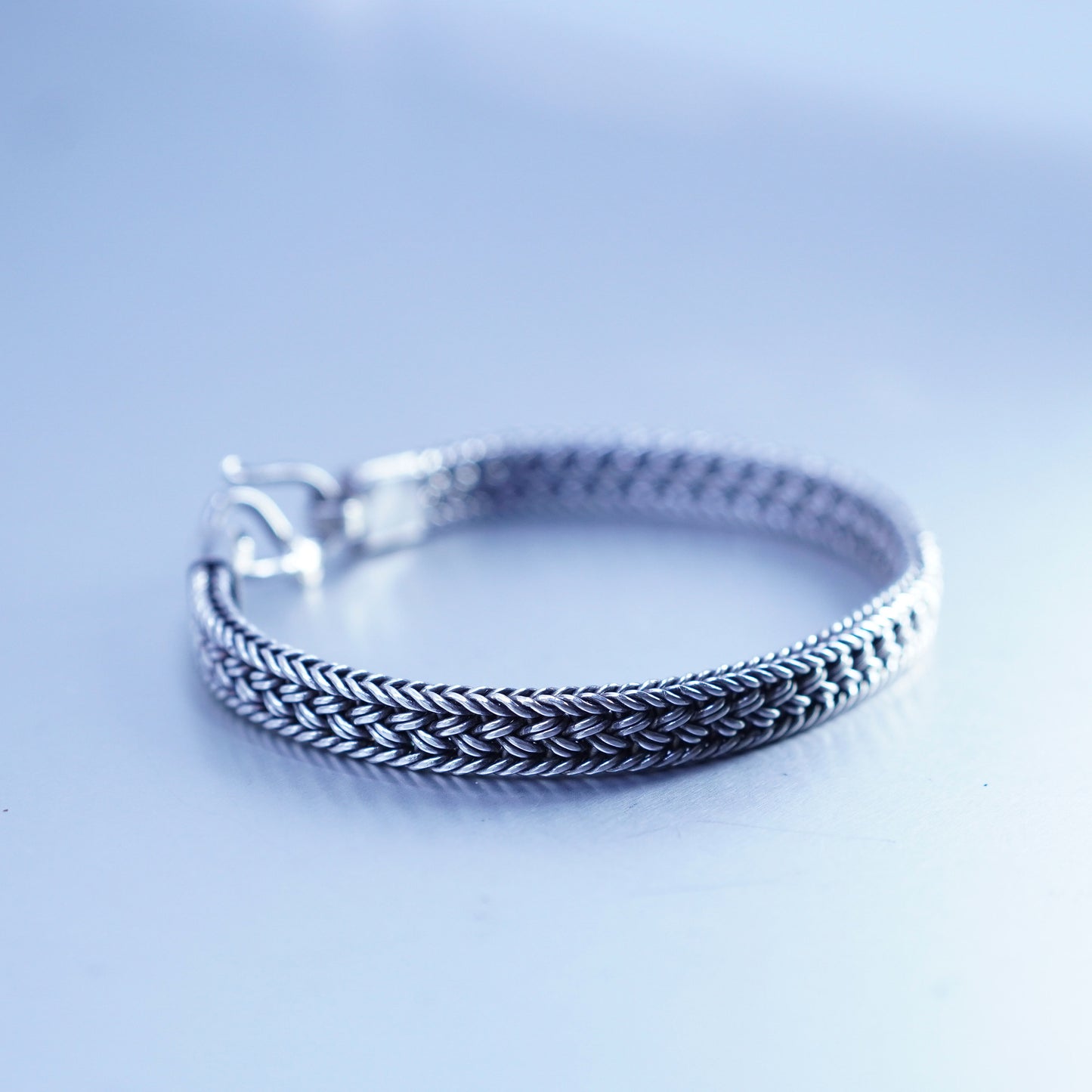 7.25”, vintage sterling 925 silver handmade bracelet, braided woven wheat chain