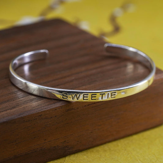 5", southwestern Sterling silver handmade bracelet, 925 cuff embossed “Sweetie”