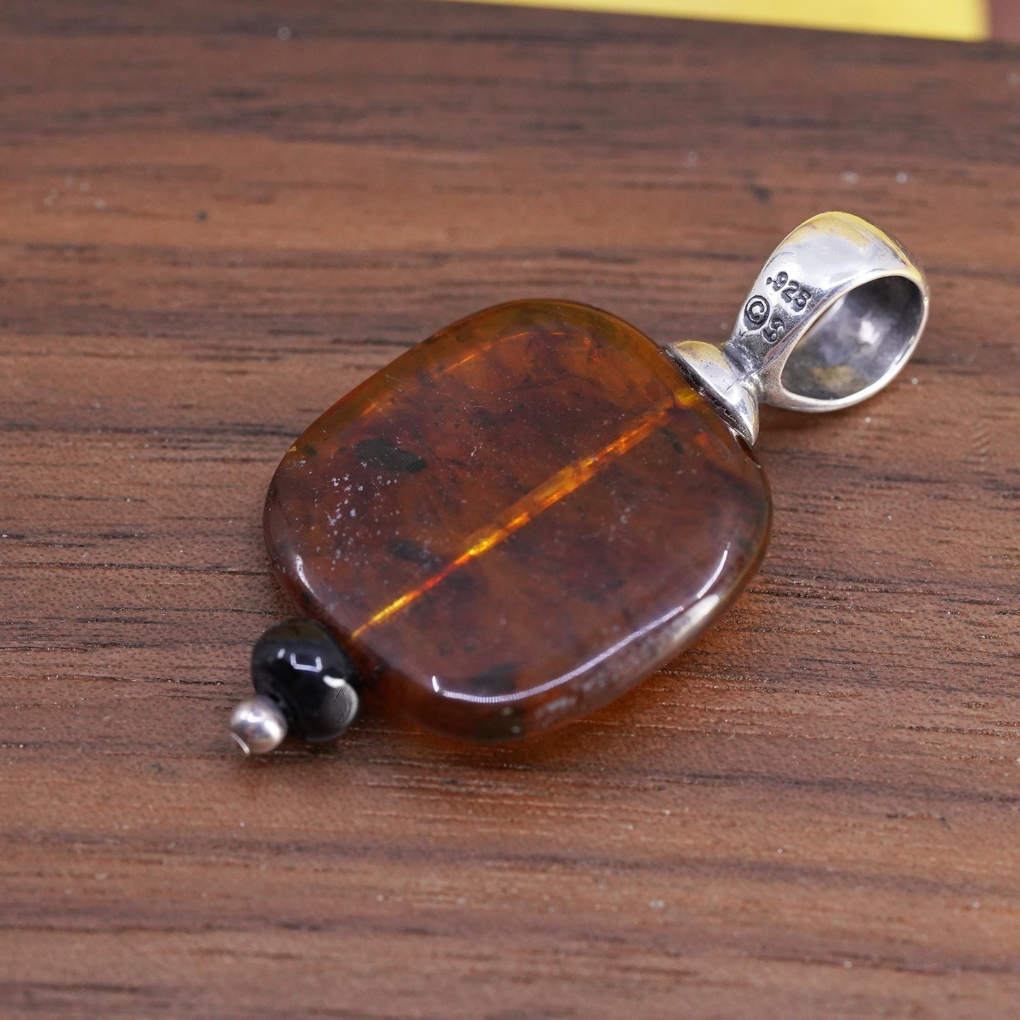 Vintage southwestern Shube Sterling 925 silver handmade pendant w/ Square amber