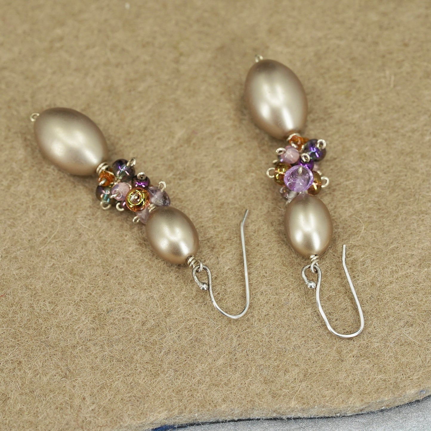 Vintage Sterling 925 silver handmade earrings with faux cluster golden pearl
