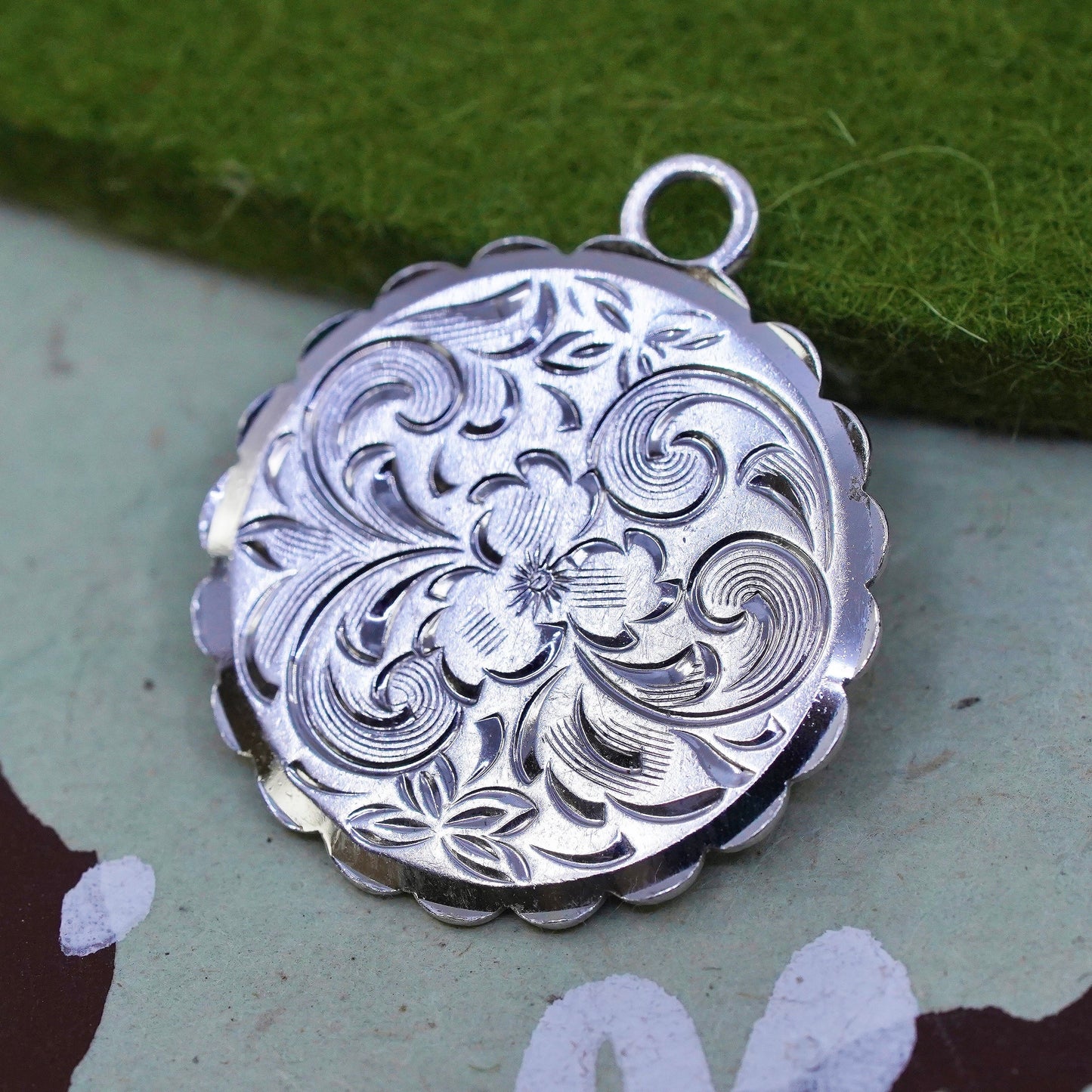 Vintage Sterling silver handmade pendant, circle textured tag charm