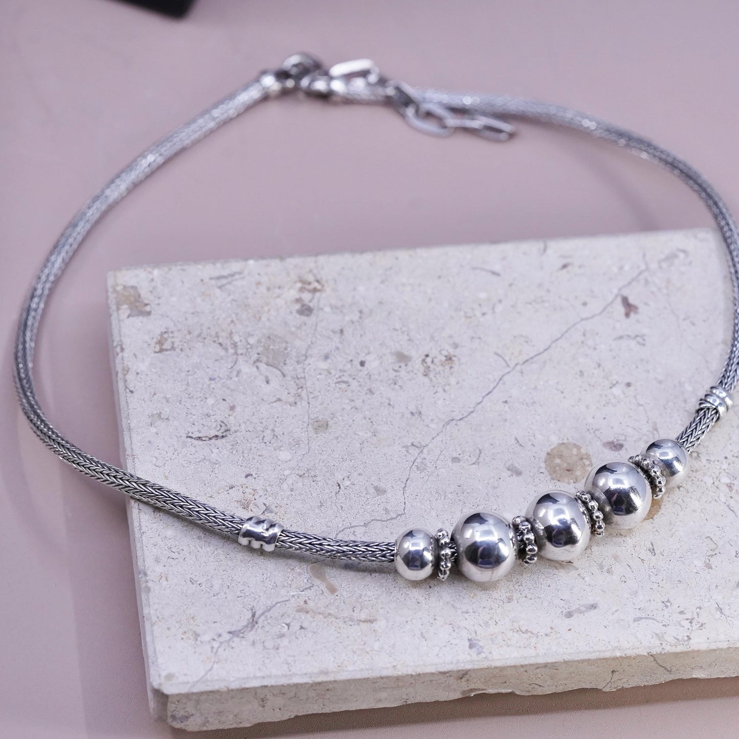 18+3" 4mm, vintage bold Sterling silver necklace, 925 wheat chain beads pendant