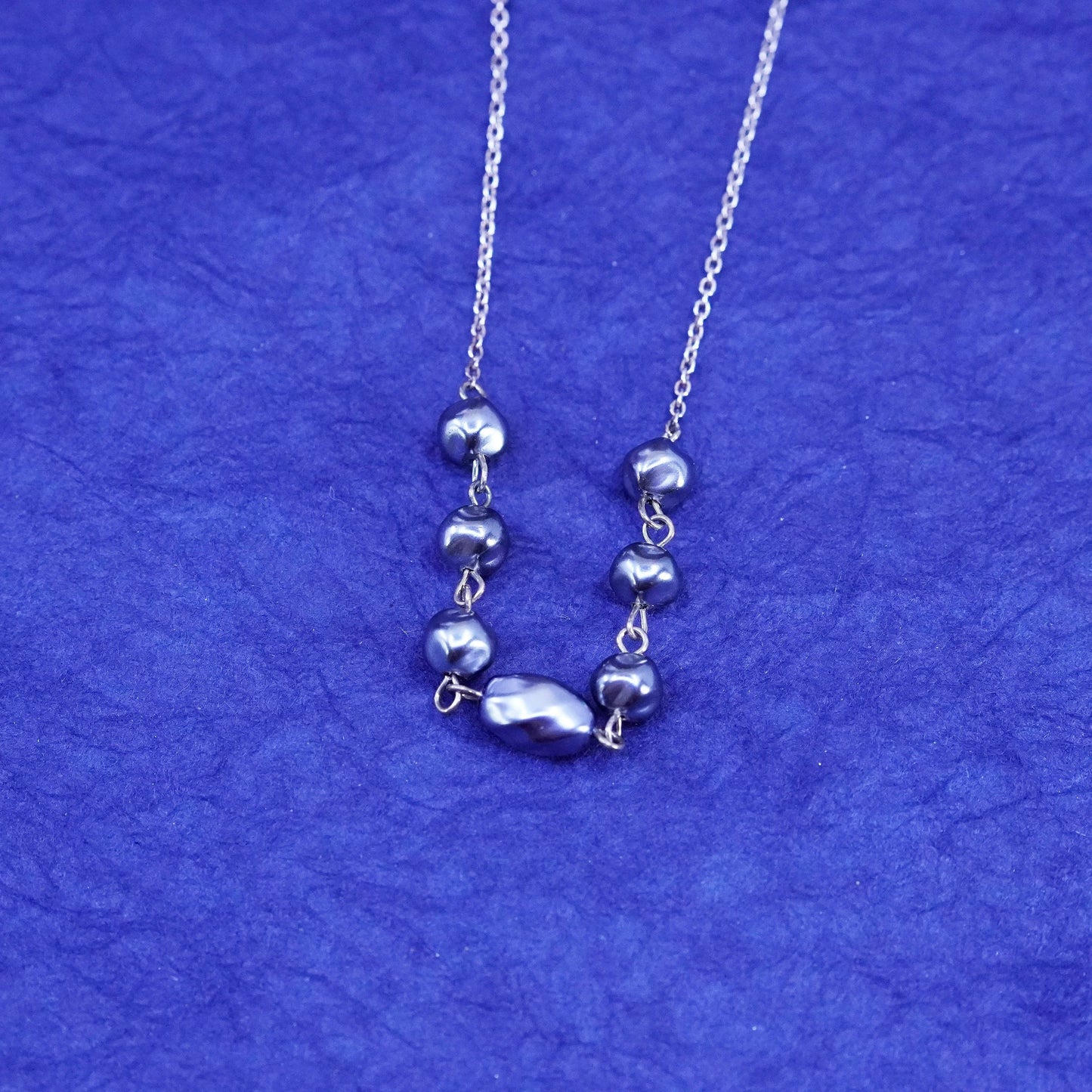 16”, vintage Sterling silver necklace, 925 circle chain w/ black pearl pendant
