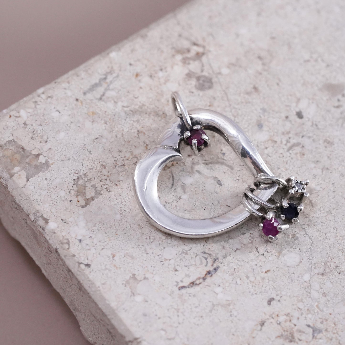 Lenox Sterling Silver Sliding ruby diamond Charm Pendant Heart Multi Birthstone