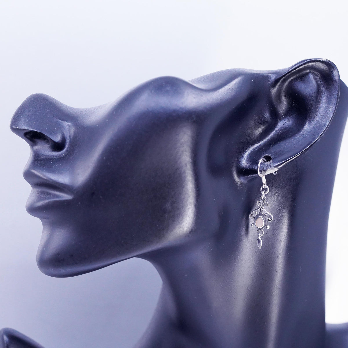 Vintage Sterling 925 Silver Filigree Teardrop Shaped Earrings Mother of Pearl