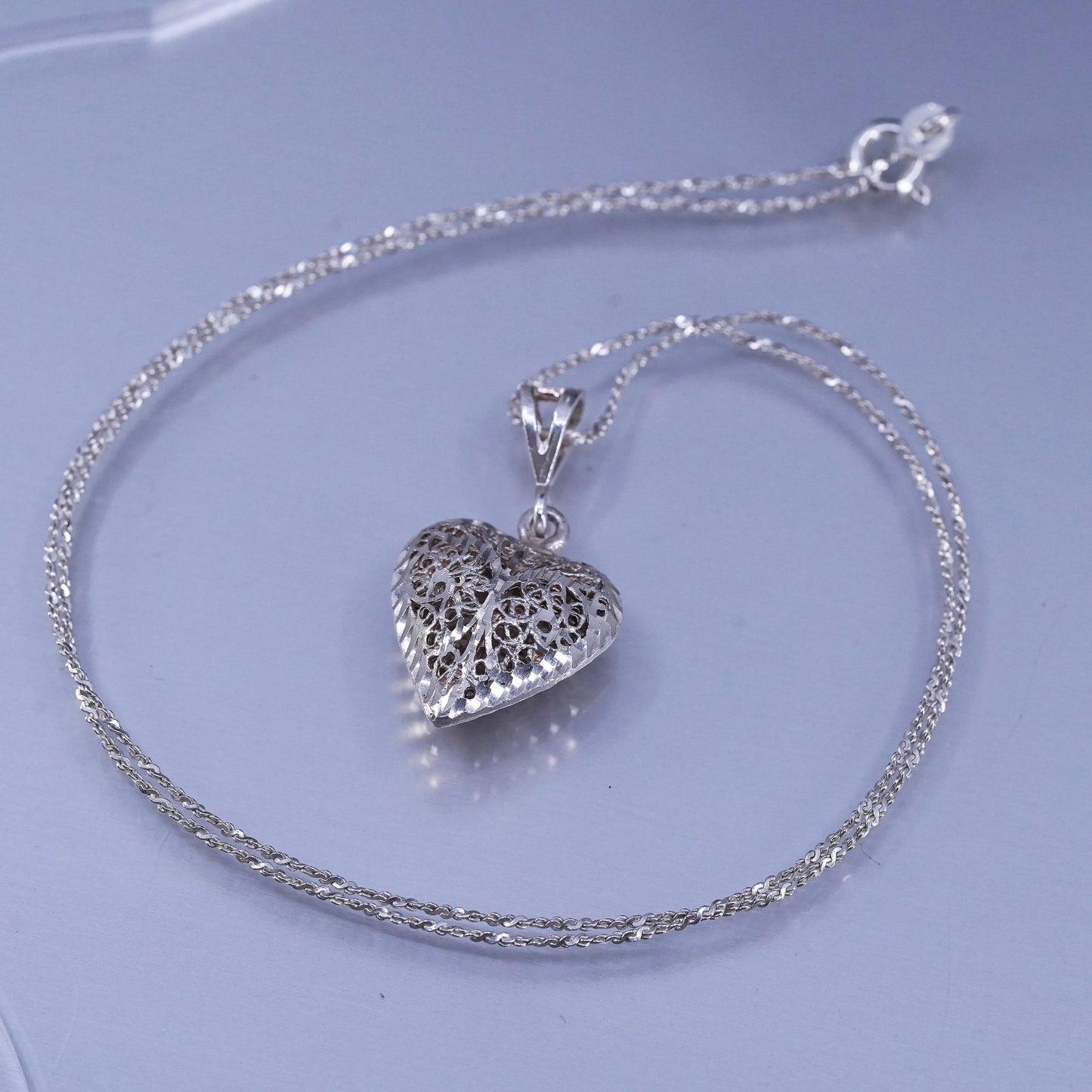 18”, Sterling 925 silver twisted S link necklace with filigree heart pendant