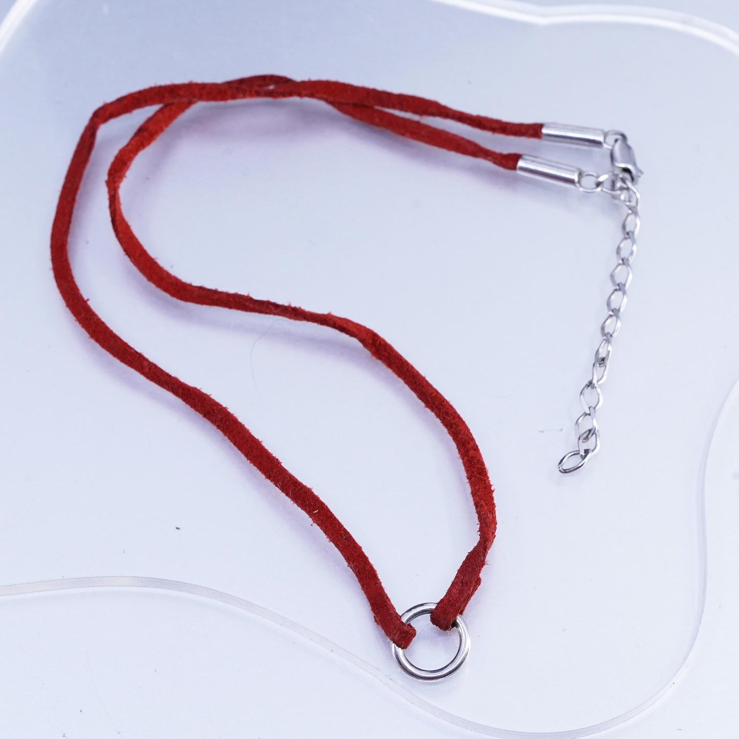 16+2", vintage Sterling 925 silver red leather chain necklace circle pendant