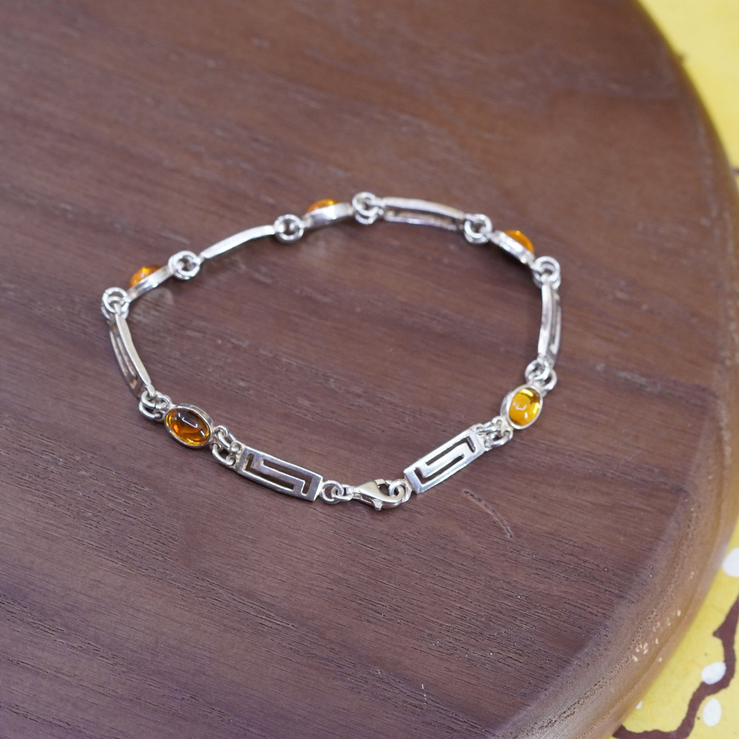 7.5”, vintage Sterling 925 silver handmade Greek key pattern bracelet w/ amber