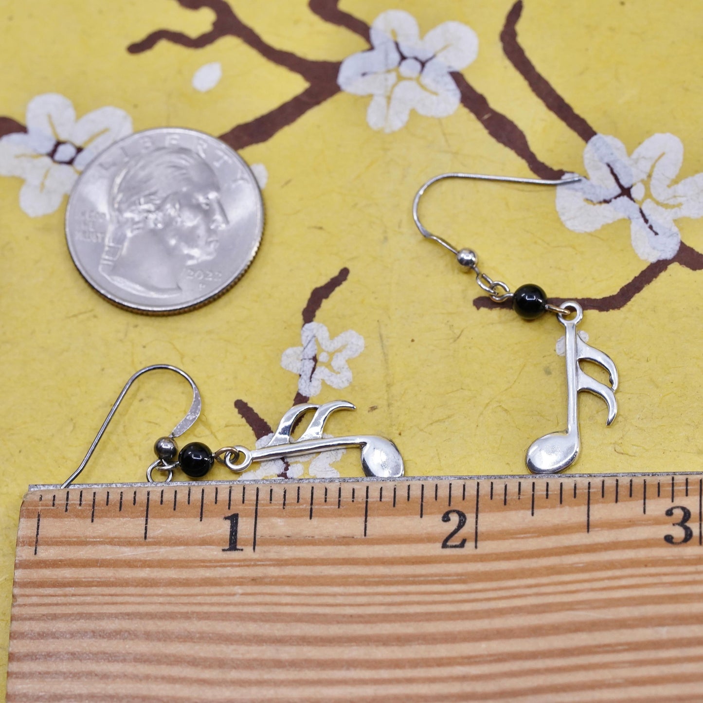 Vintage Sterling 925 silver handmade music note earrings with onyx beads