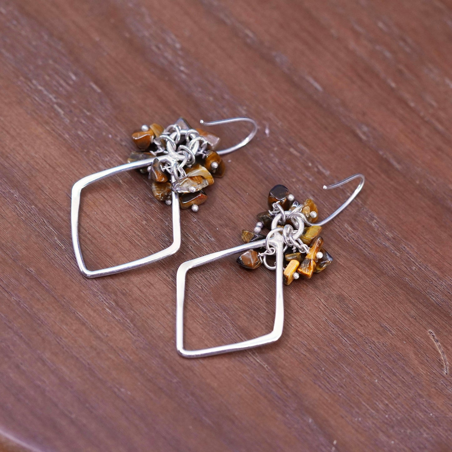 Sterling silver earrings, 925 diamond drops cluster golden tiger eye beads