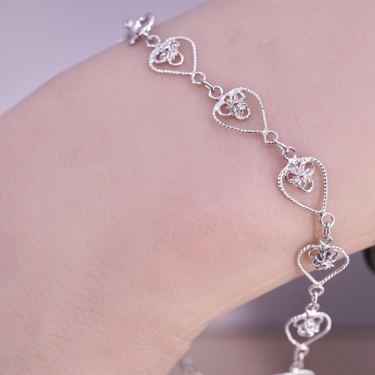 8.25", vintage sterling silver handmade bracelet, 925 filigree heart bracelet
