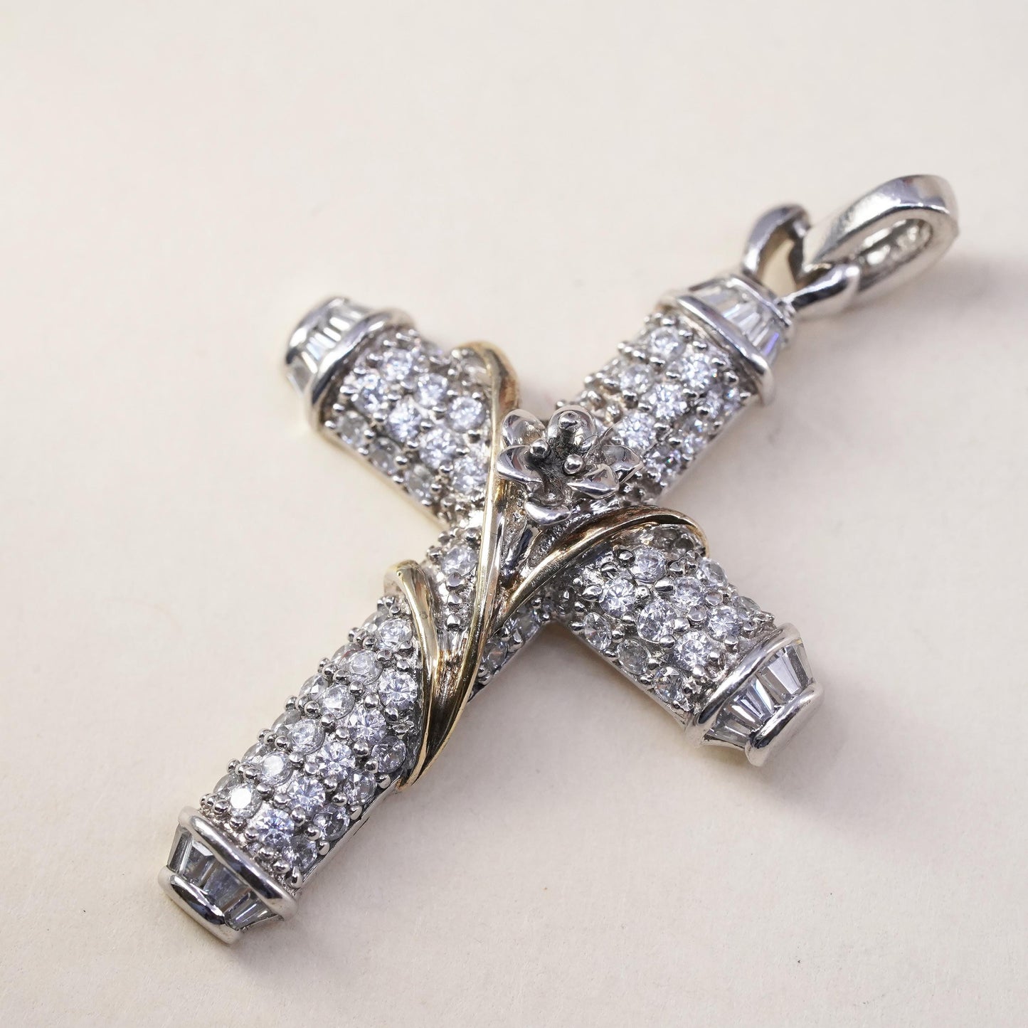 Vintage sterling silver pendant, 925 cross with cluster Cz and gold vines