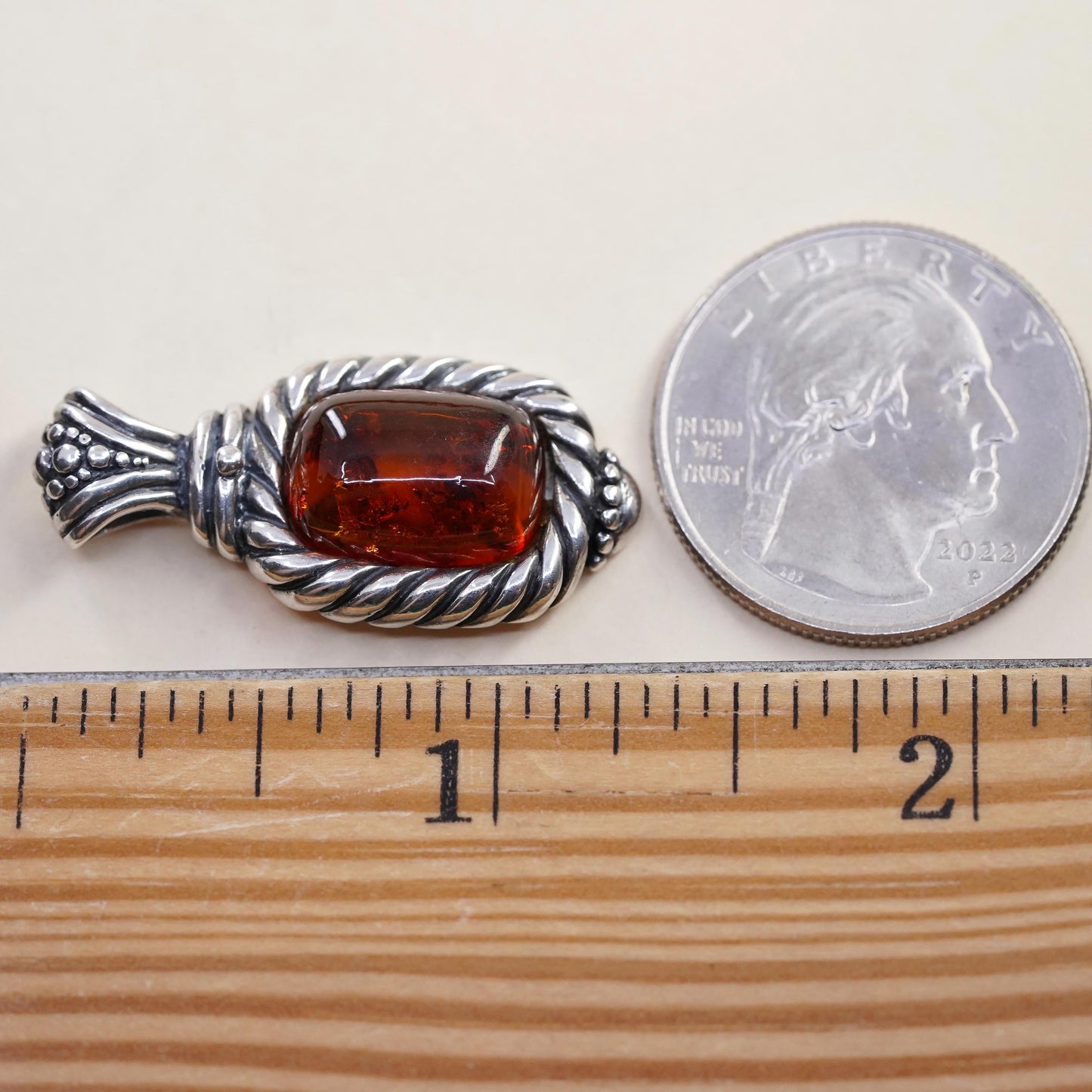 Vintage Sterling 925 silver handmade pendant with amber and cable around
