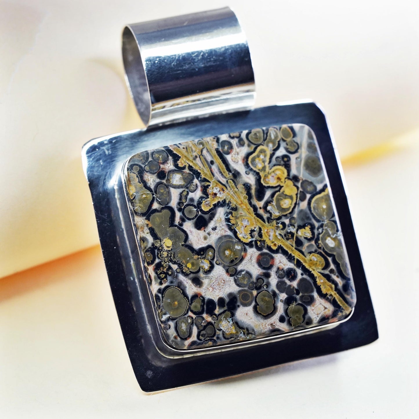 Vintage Mexican sterling 925 silver handmade huge pendant with square jasper