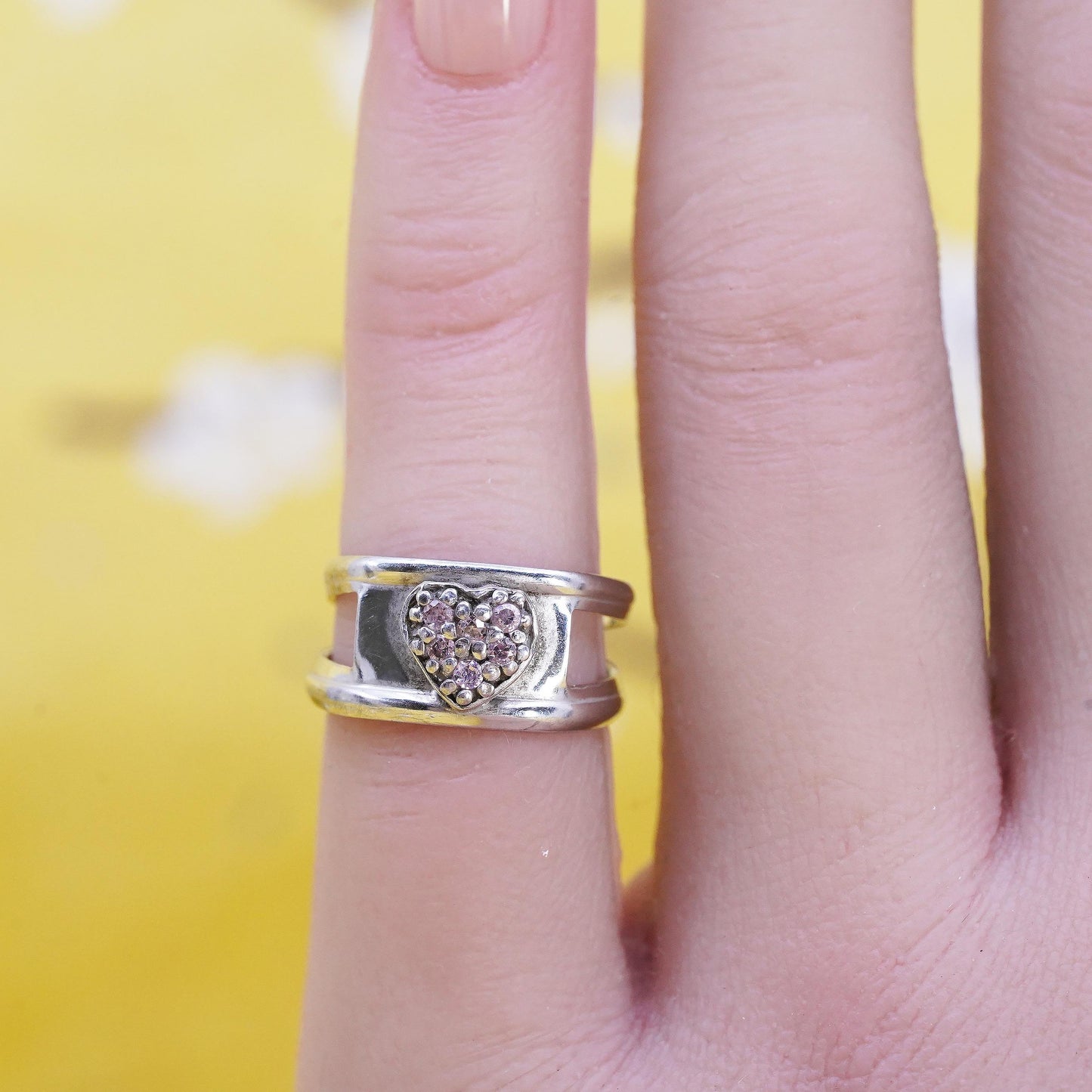 Size 4, Vintage Sterling silver handmade ring, 925 open band with pink cz heart