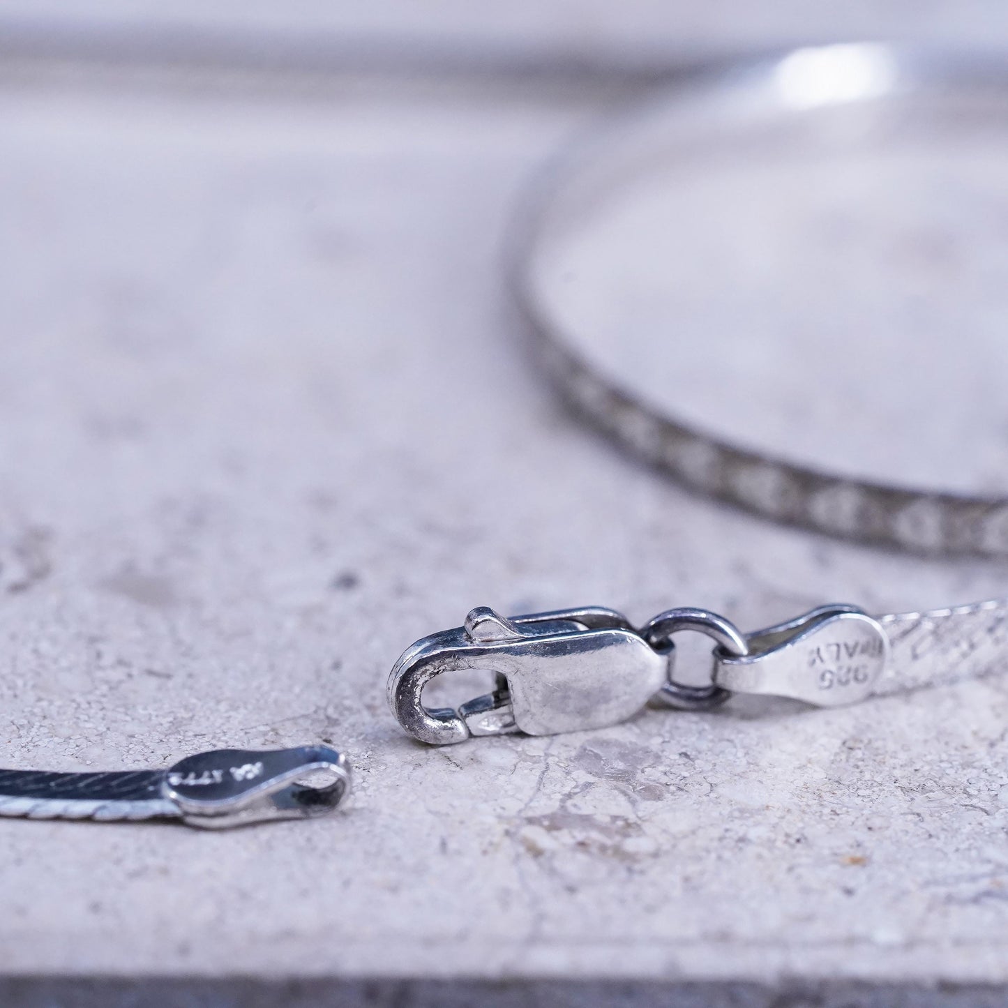 18”, vintage Sterling silver necklace, heart textured 925 herringbone chain
