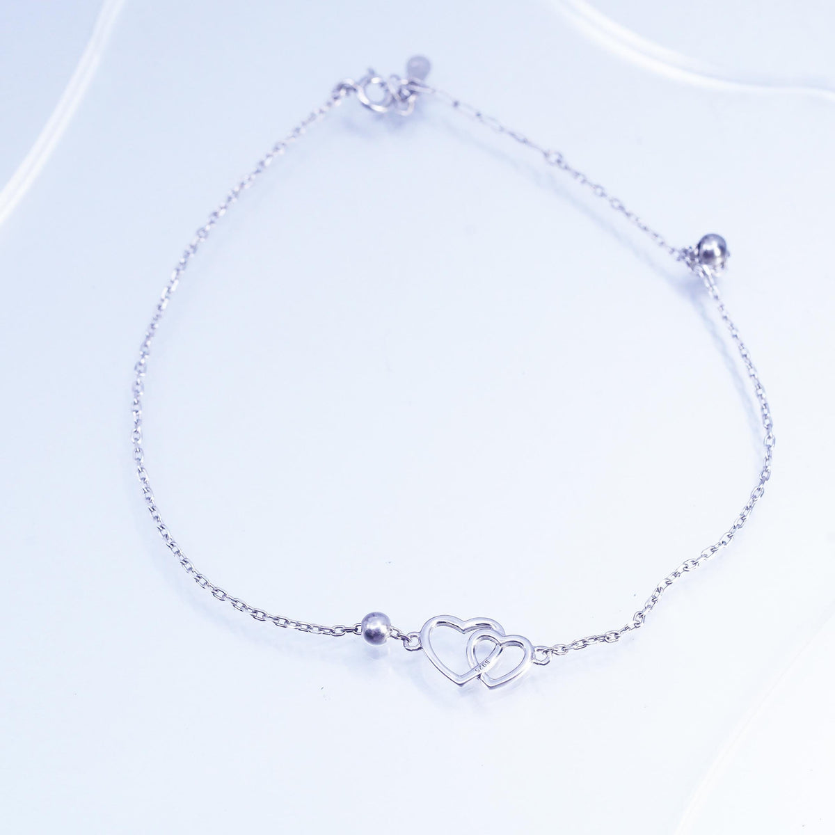 8.5+1", Sterling Silver Bracelet, 925 oval Chain Anklet double heart Charm