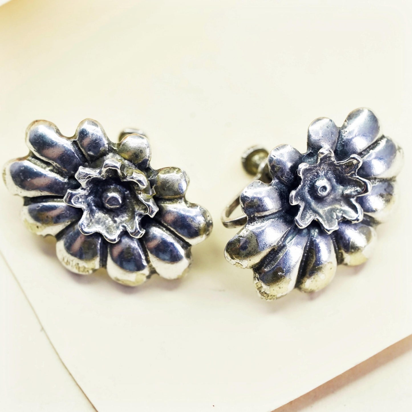 Vintage Sterling silver handmade earrings, 925 screw back flower earrings