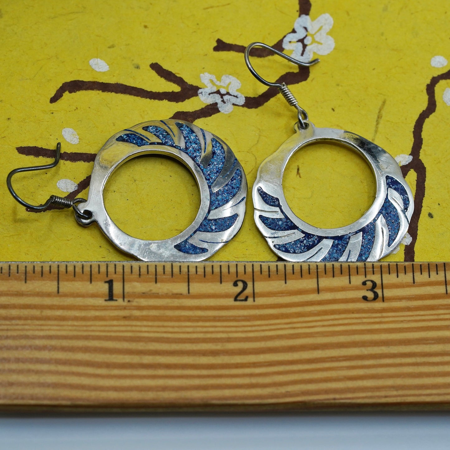 Sterling silver handmade earrings, Mexico 925 silver circle turquoise Inlay