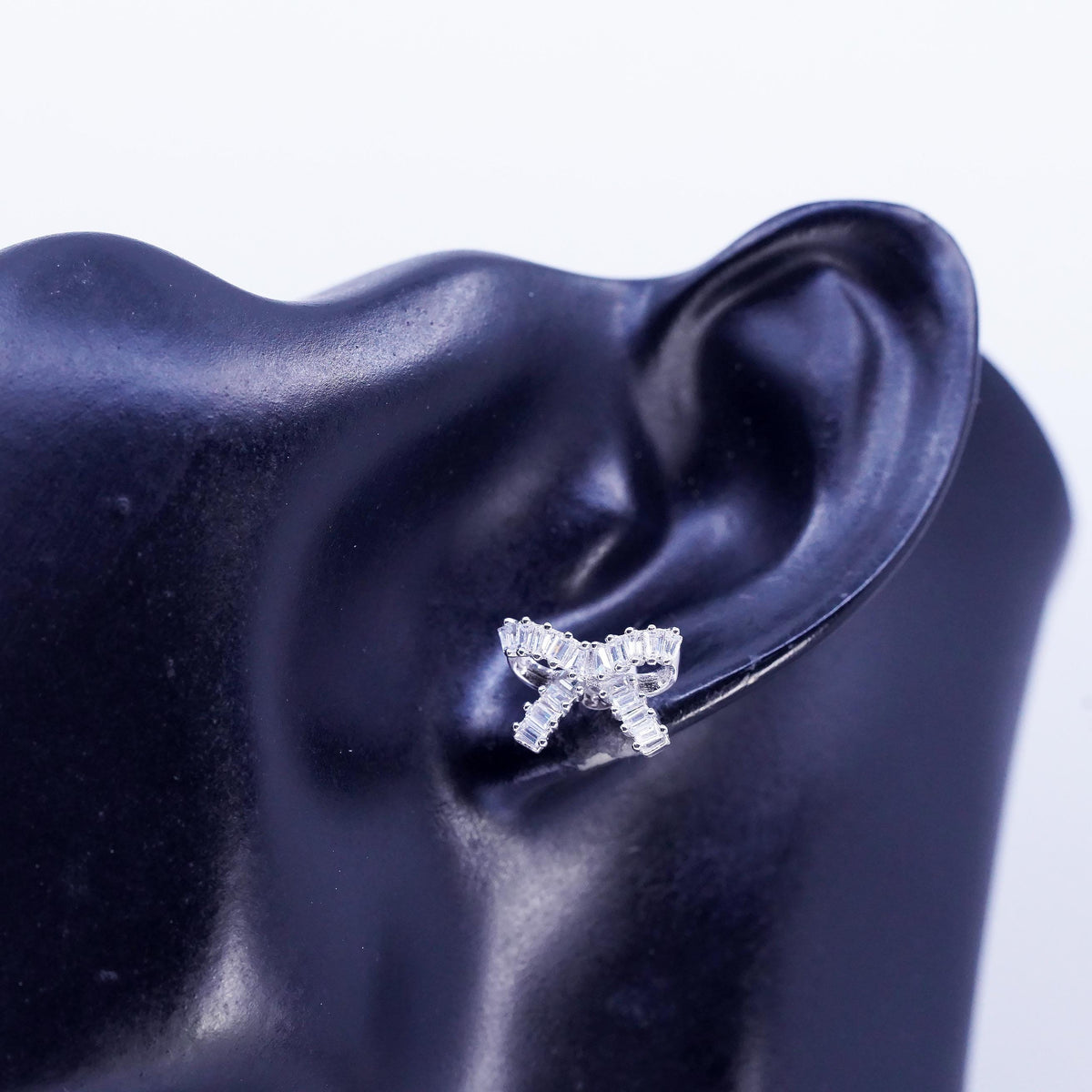 Vintage Sterling 925 silver handmade earrings, ribbon bow tie studs cluster Cz