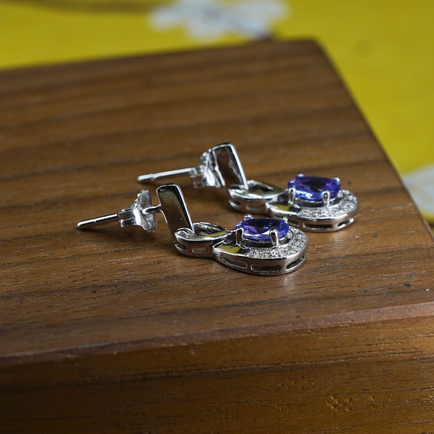 Vintage Sterling 925 silver teardrop earrings with amethyst and diamond