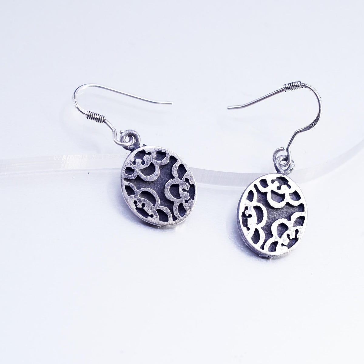 Sterling Silver Floral Cutout Dangle, Oxidized 925 Silver Drop Earrings, Flower