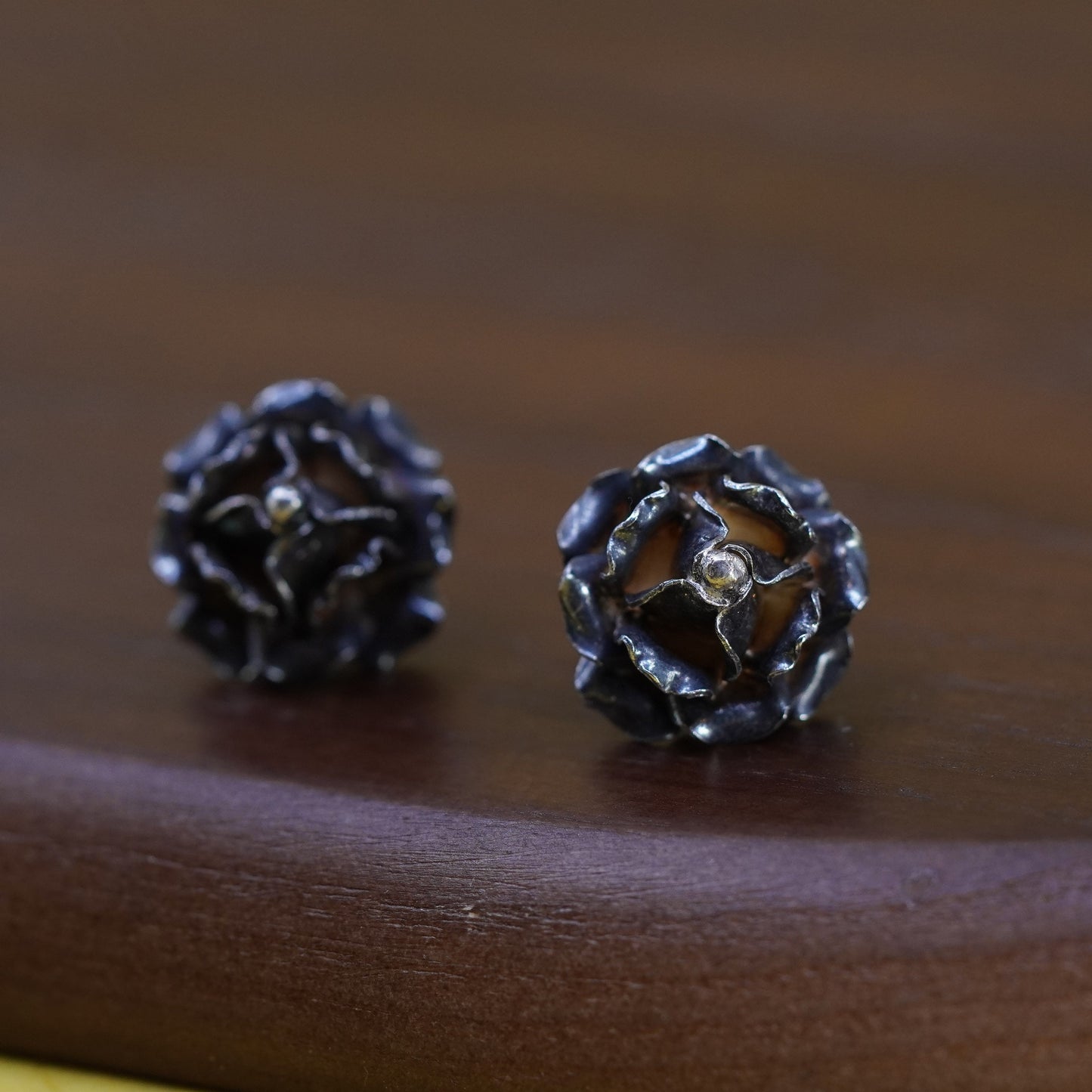 Vintage mexico Sterling silver handmade earrings, 925 rose flower studs