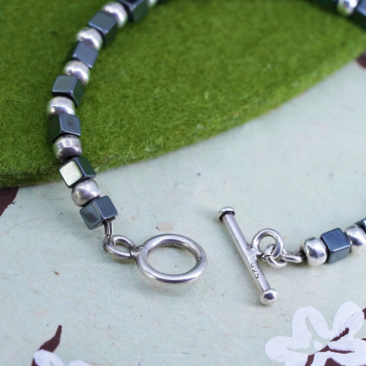 7”, Vintage handmade bracelet, hematite cubes with 925 silver beads chain