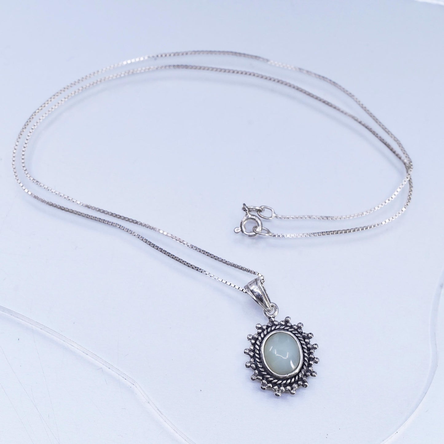 18", vintage Sterling 925 silver box chain necklace with jade pendant