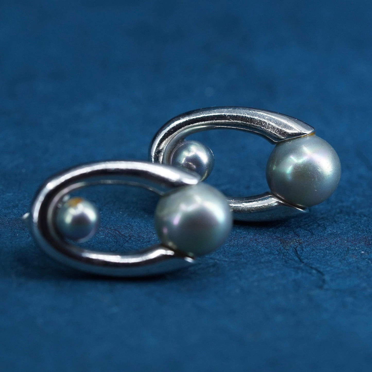 Vintage sterling silver handmade earrings, 925 oval studs with gray pearl