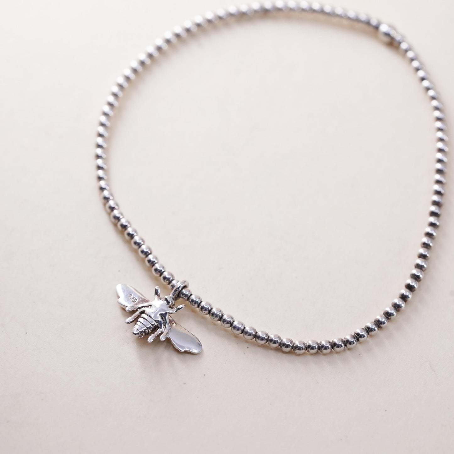 6.75", sterling silver stretchy band bracelet, 925 beads chain with bee charm