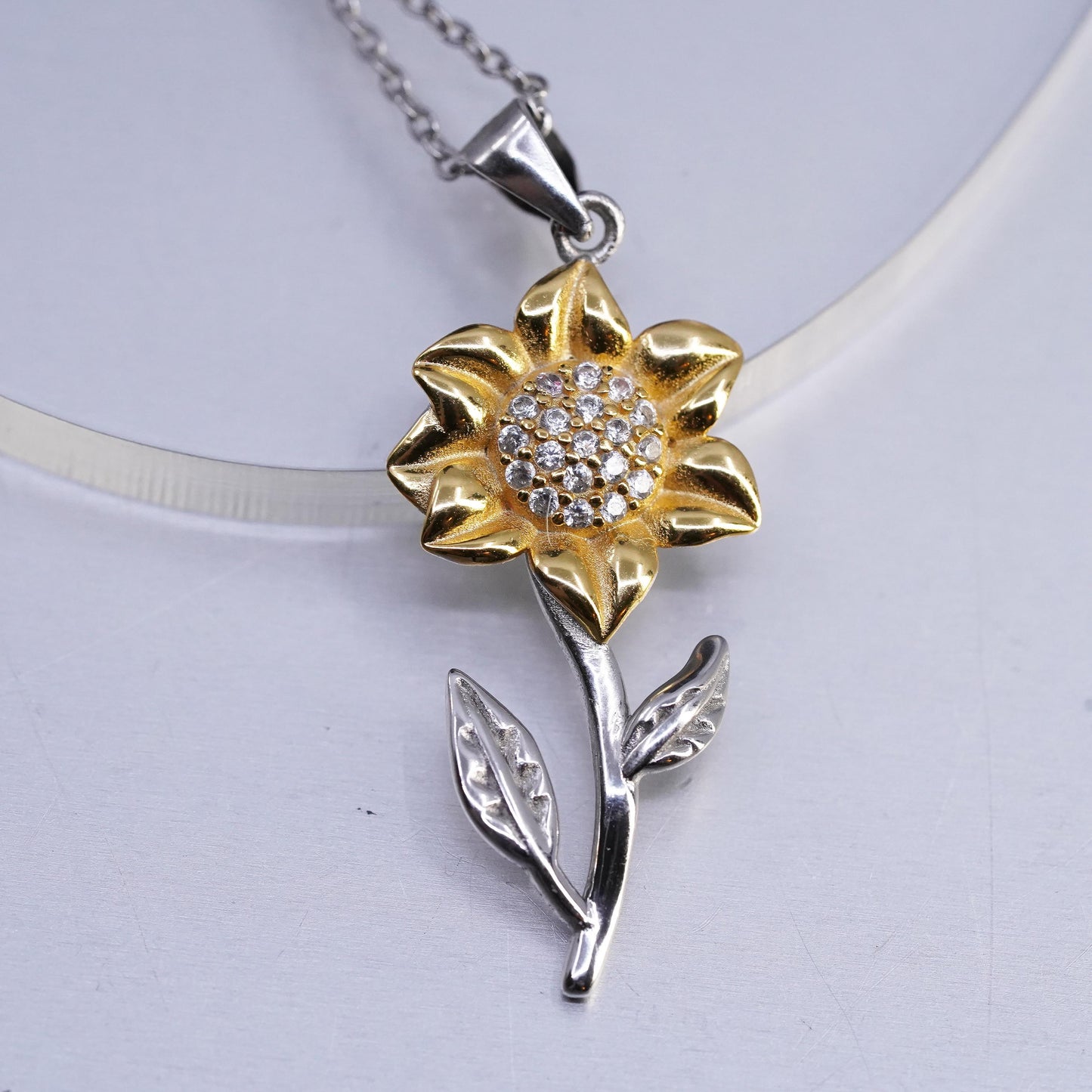 Aphrodite Jewelry, Sterling 925 silver necklace two tone sunflower pendant