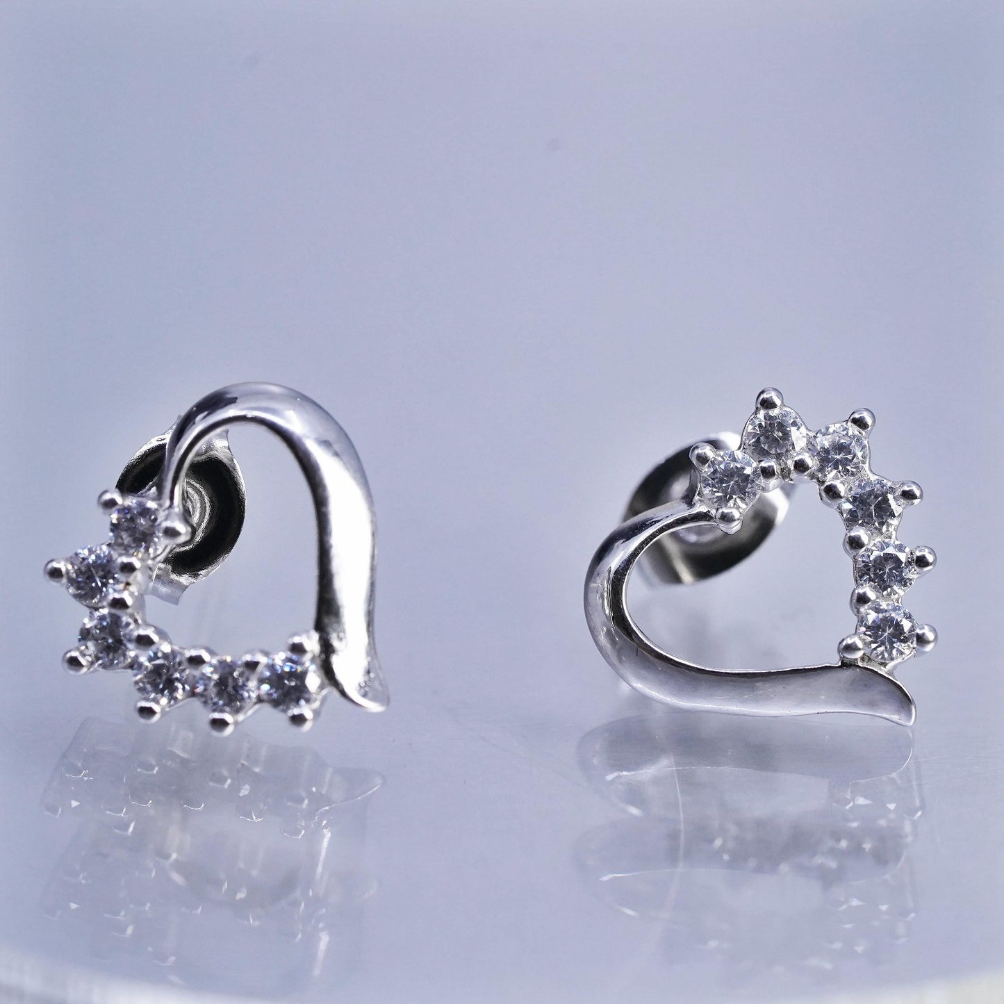 Vintage Sterling 925 silver handmade heart earrings, studs with cz