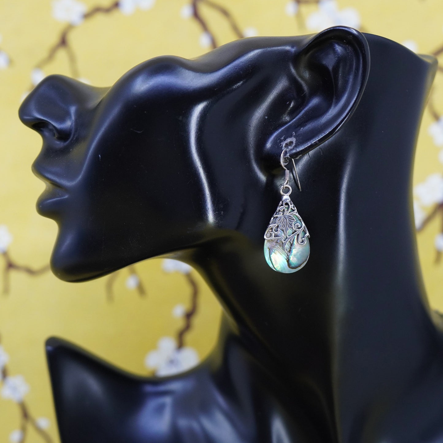Vintage Sterling 925 silver handmade earrings with teardrop shaped abalone