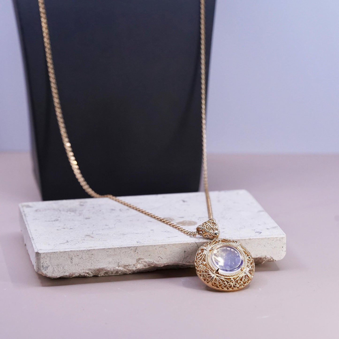 36" Turkey gold tone Sterling 925 silver necklace amethyst filigree pendant
