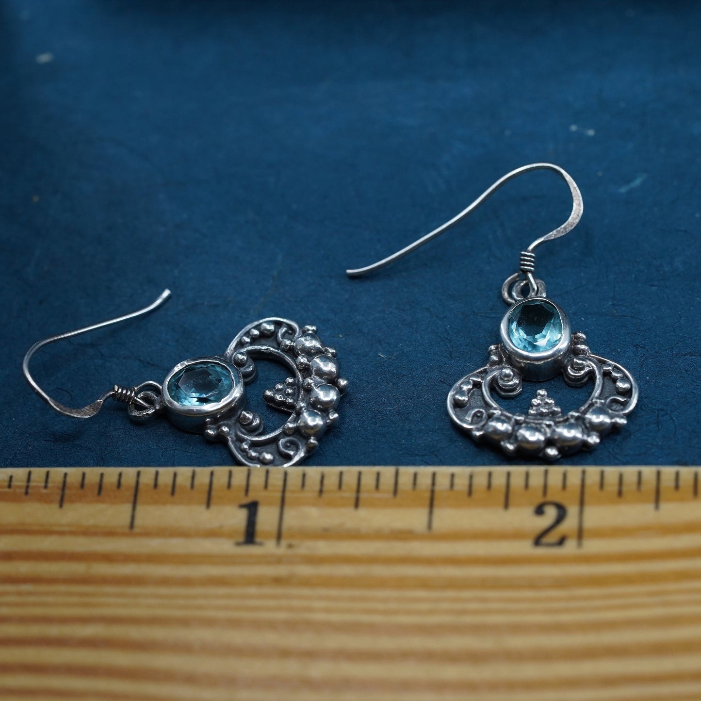 Sterling silver handmade cluster earrings, 925 dangles with blue crystal beads