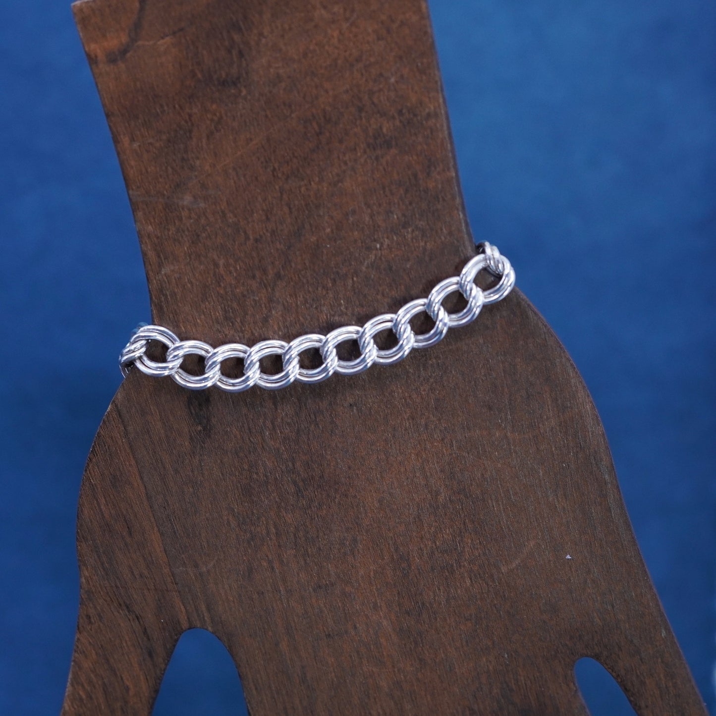6.5”, VTG Sterling silver handmade charm bracelet, 925 double curb link chain