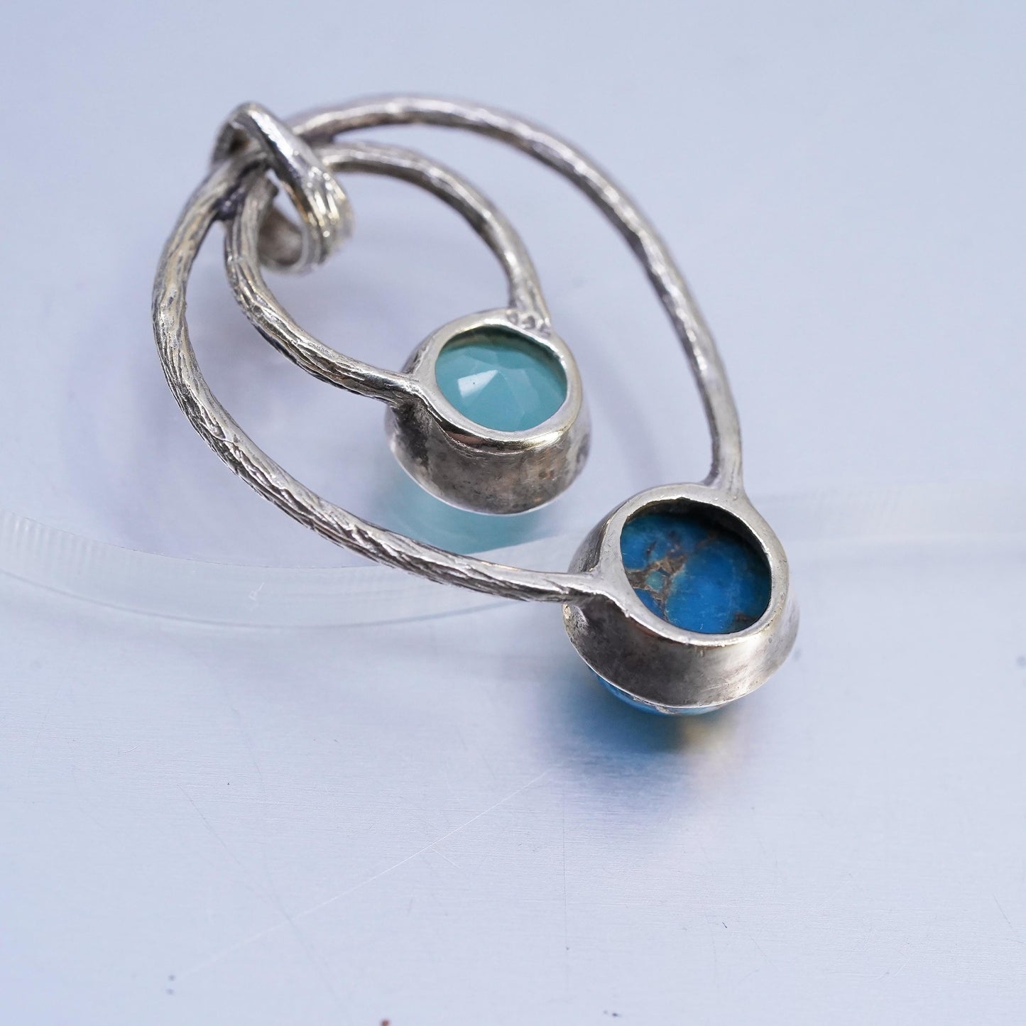 Vintage sterling 925 silver textured pendant with blue Chalcedony and turquoise