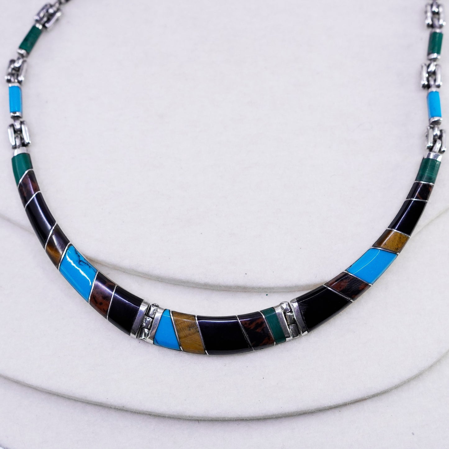 17”, Sterling 925 silver zuni choker collar necklace turquoise jasper obsidian